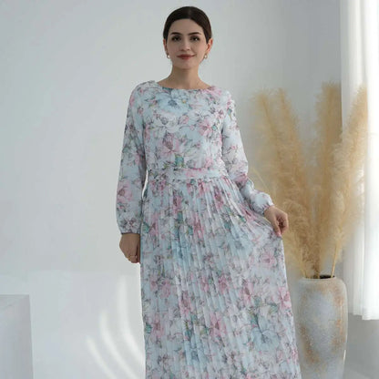 Muslim Women Pleated Chiffon Printed Abaya Dress