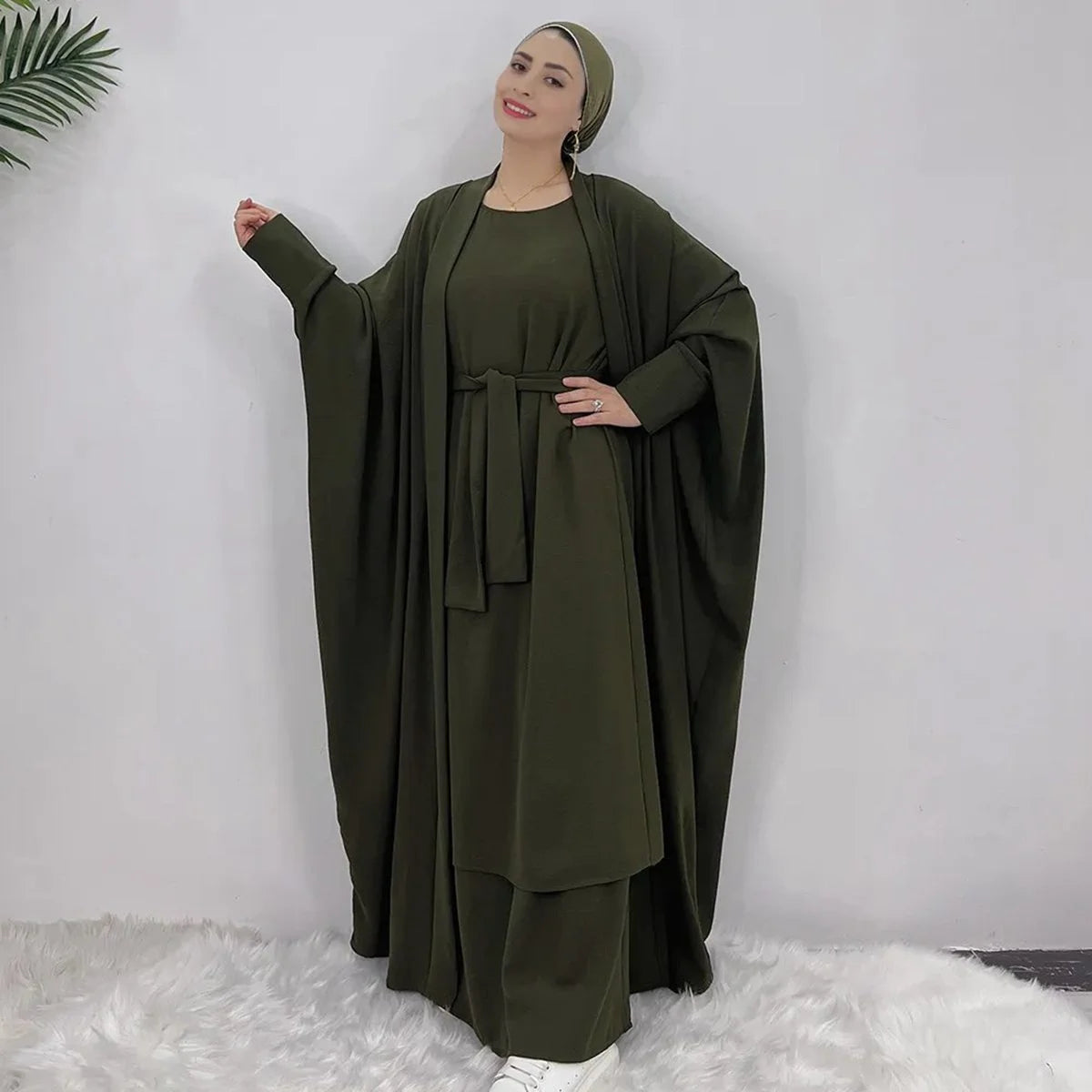 Heavy Wrinkle 2 Pieces Suit Set Muslim Women Open Abaya Dress Set, With Outer Abaya And Sleeveless Inner Dress