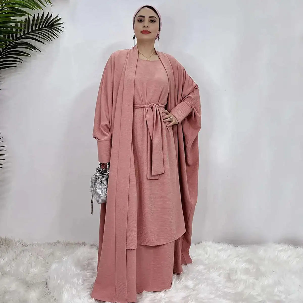 Heavy Wrinkle 2 Pieces Suit Set Muslim Women Open Abaya Dress Set, With Outer Abaya And Sleeveless Inner Dress