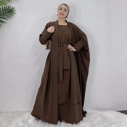 Heavy Wrinkle 2 Pieces Suit Set Muslim Women Open Abaya Dress Set, With Outer Abaya And Sleeveless Inner Dress