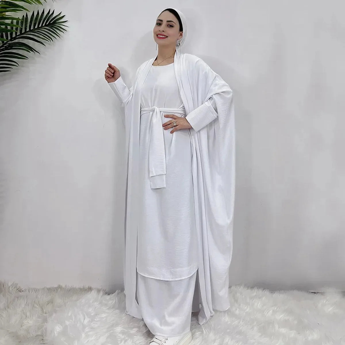 Heavy Wrinkle 2 Pieces Suit Set Muslim Women Open Abaya Dress Set, With Outer Abaya And Sleeveless Inner Dress