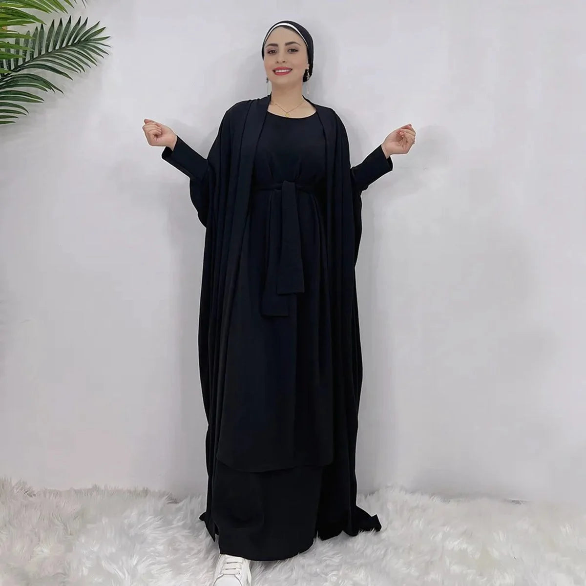 Heavy Wrinkle 2 Pieces Suit Set Muslim Women Open Abaya Dress Set, With Outer Abaya And Sleeveless Inner Dress