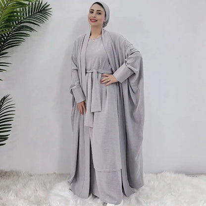 Heavy Wrinkle 2 Pieces Suit Set Muslim Women Open Abaya Dress Set, With Outer Abaya And Sleeveless Inner Dress