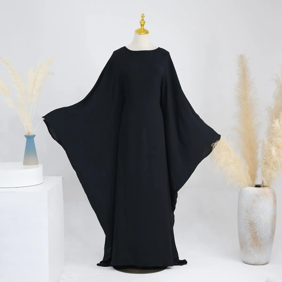 Wrinkle Fabric Batwing Sleeve Farasha Abaya Dress