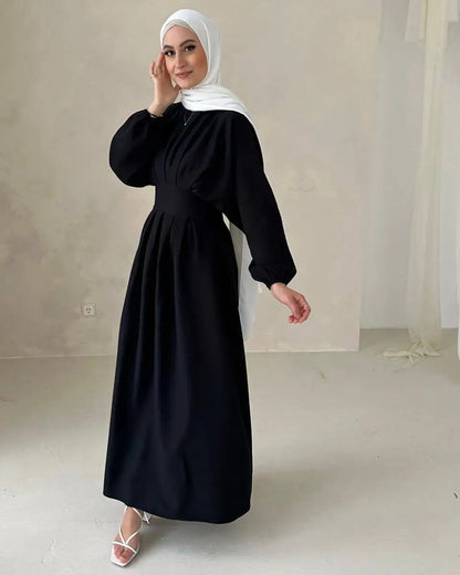 Muslim Women Elastic Sleeve Linen Abaya Dress