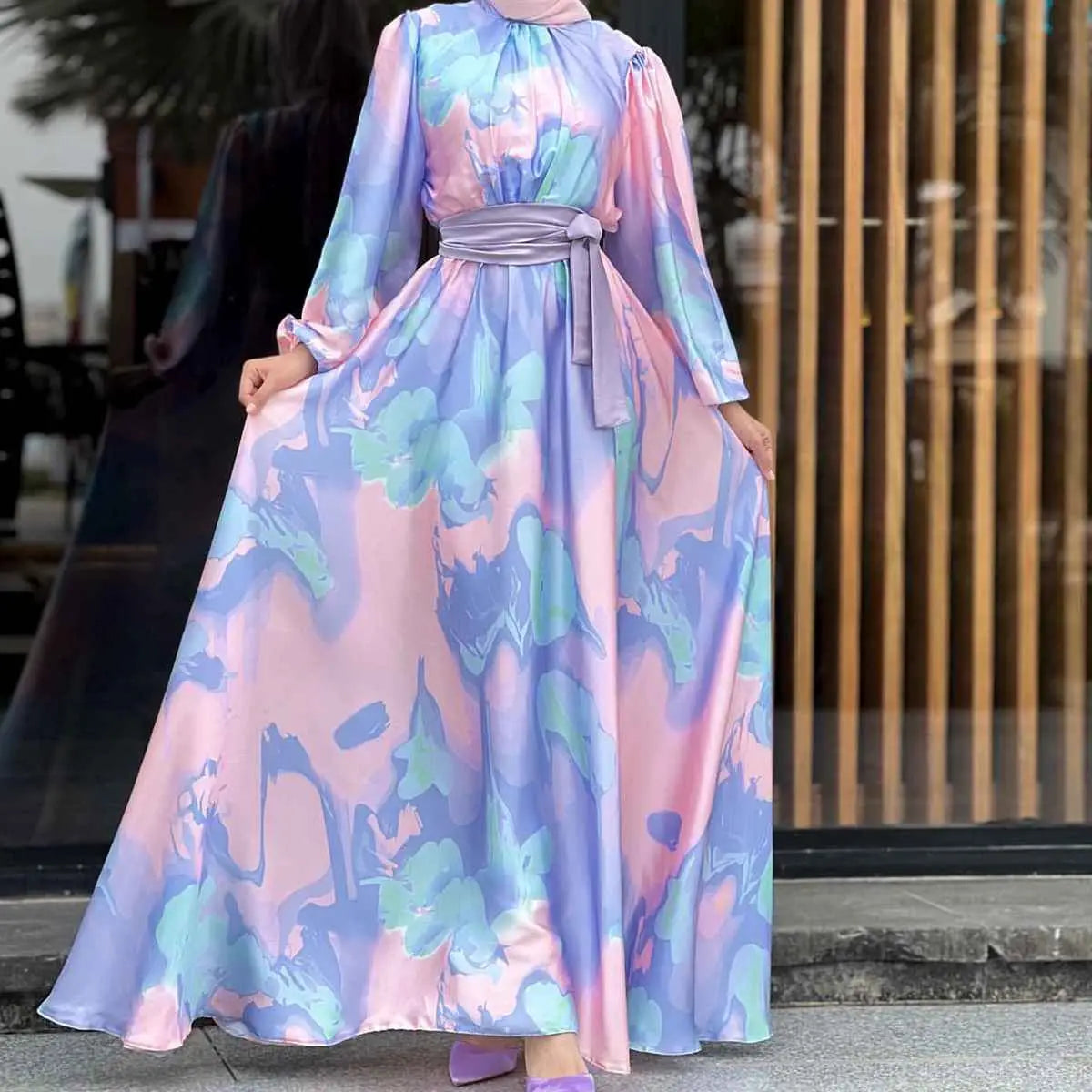Printed Muslim Women Satin Abaya Dress L / Green Printed Muslim Women Satin Abaya Dress L / Green