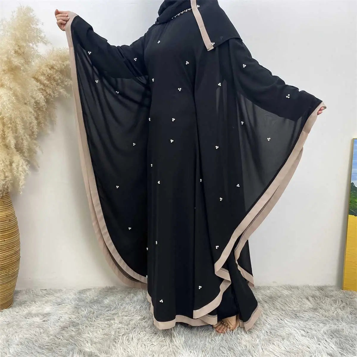 With Hijab Scarf Beads Batwing Sleeve Muslim Women Chiffon Farasha Abaya Dress