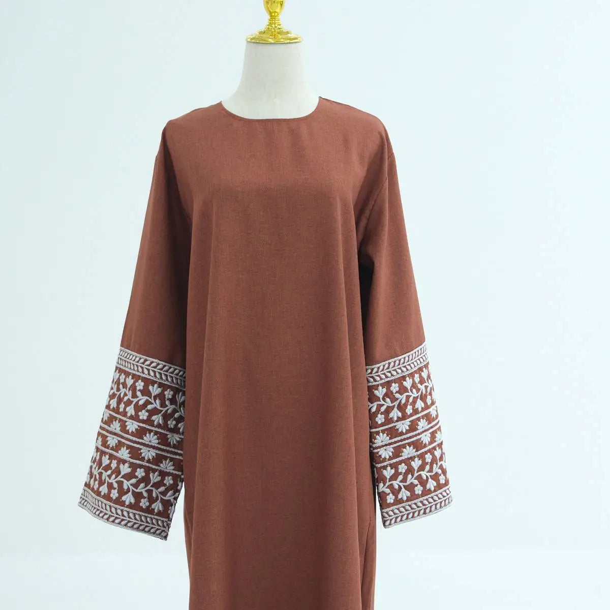 Muslim Embroidered Long Dress Traditional Abaya Green and Beige