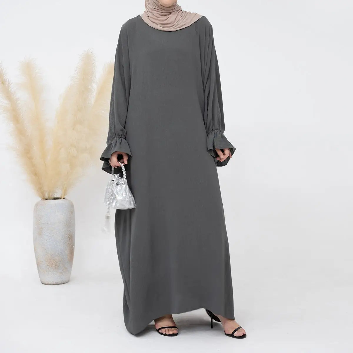 grey abaya dress Modern Muslim Woman's Elegant Hooded Abaya with Rhinestones