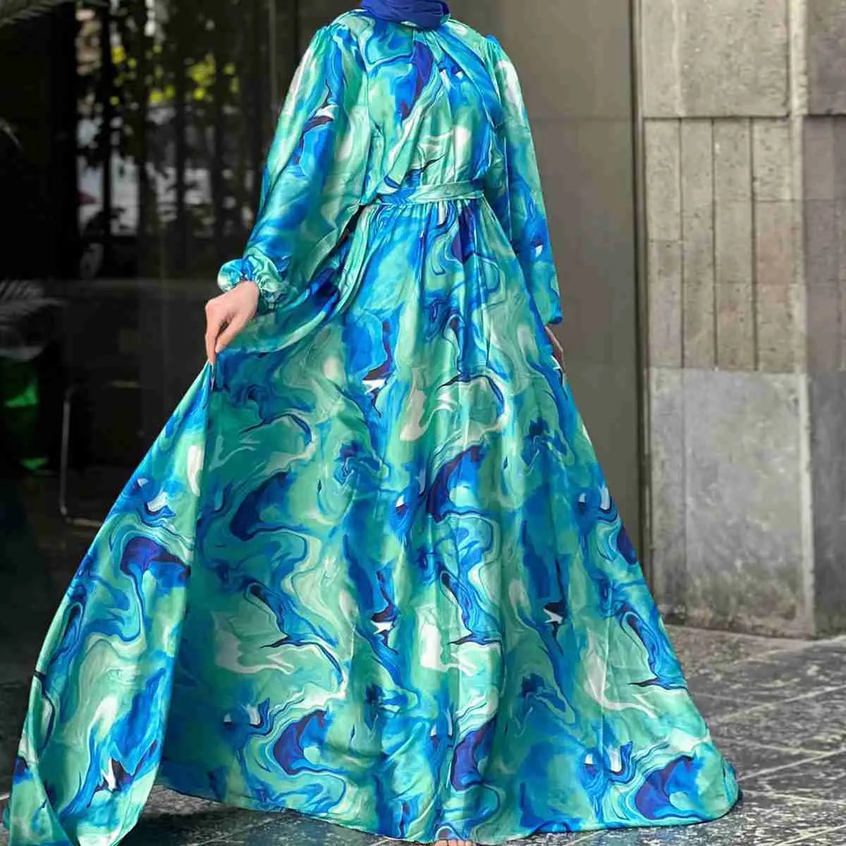 Printed Muslim Women Satin Abaya Dress L / Green