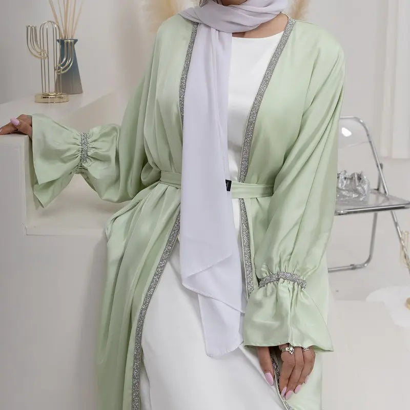 Muslim Women Flare Sleeve Beads Satin Open Abaya Dress With Pocket