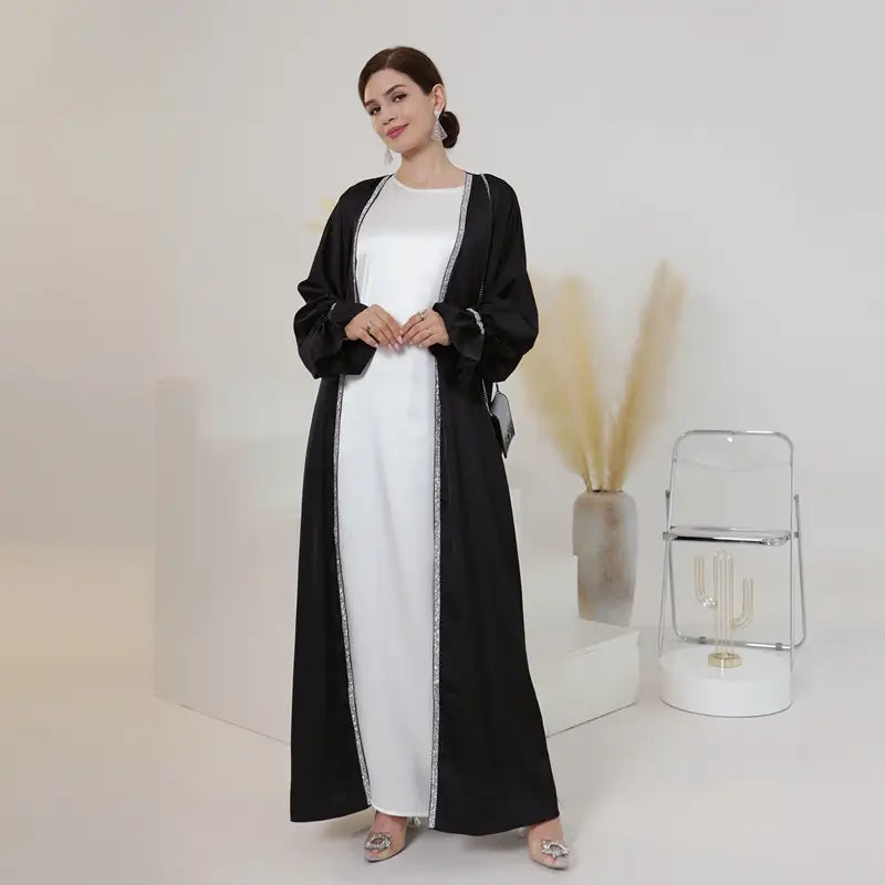 Muslim Women Flare Sleeve Beads Satin Open Abaya Dress With Pocket