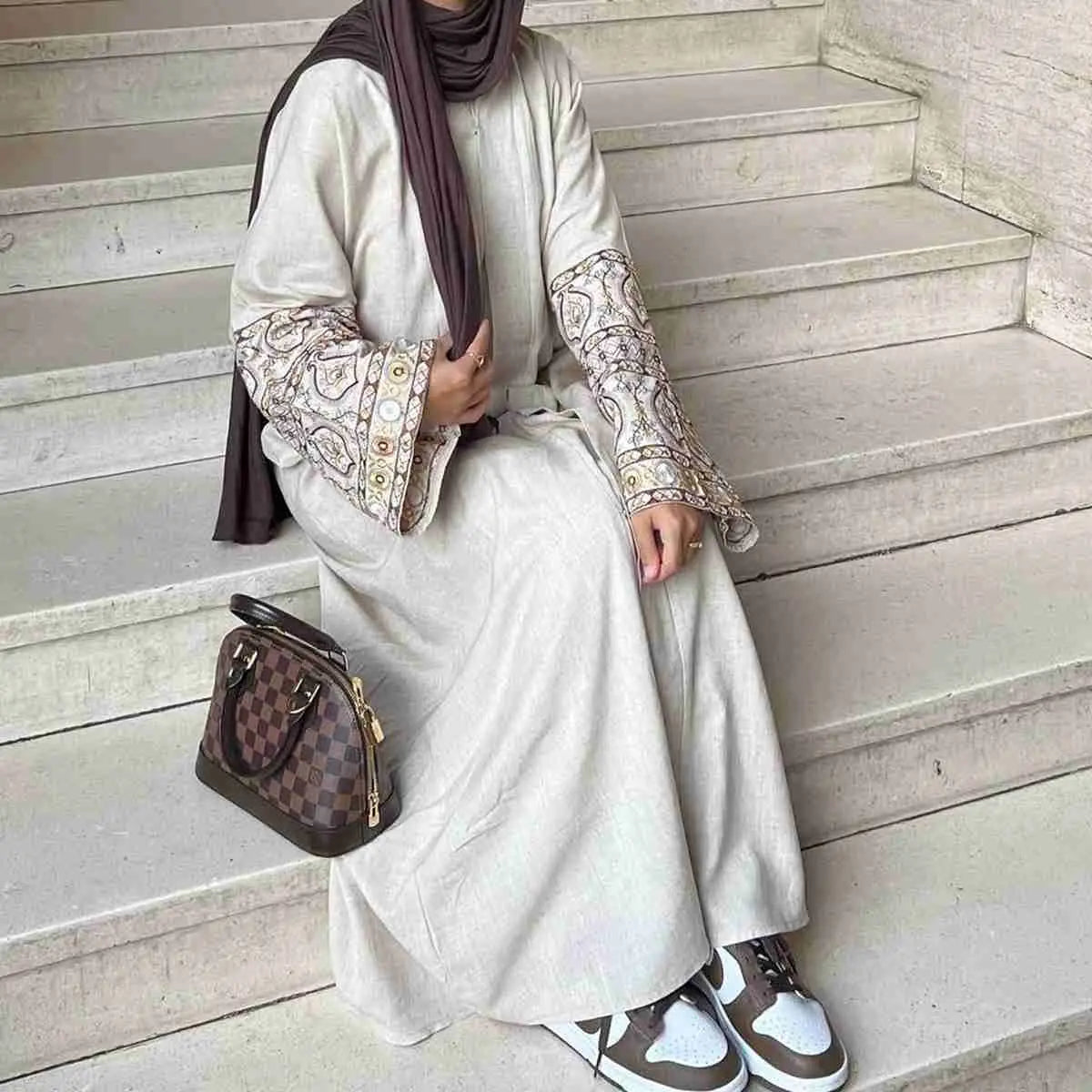 Linen Cotton Blend Embroidery Sleeve Cardigan Open Abaya Dress