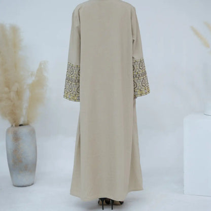 Linen Cotton Blend Embroidery Sleeve Cardigan Open Abaya Dress