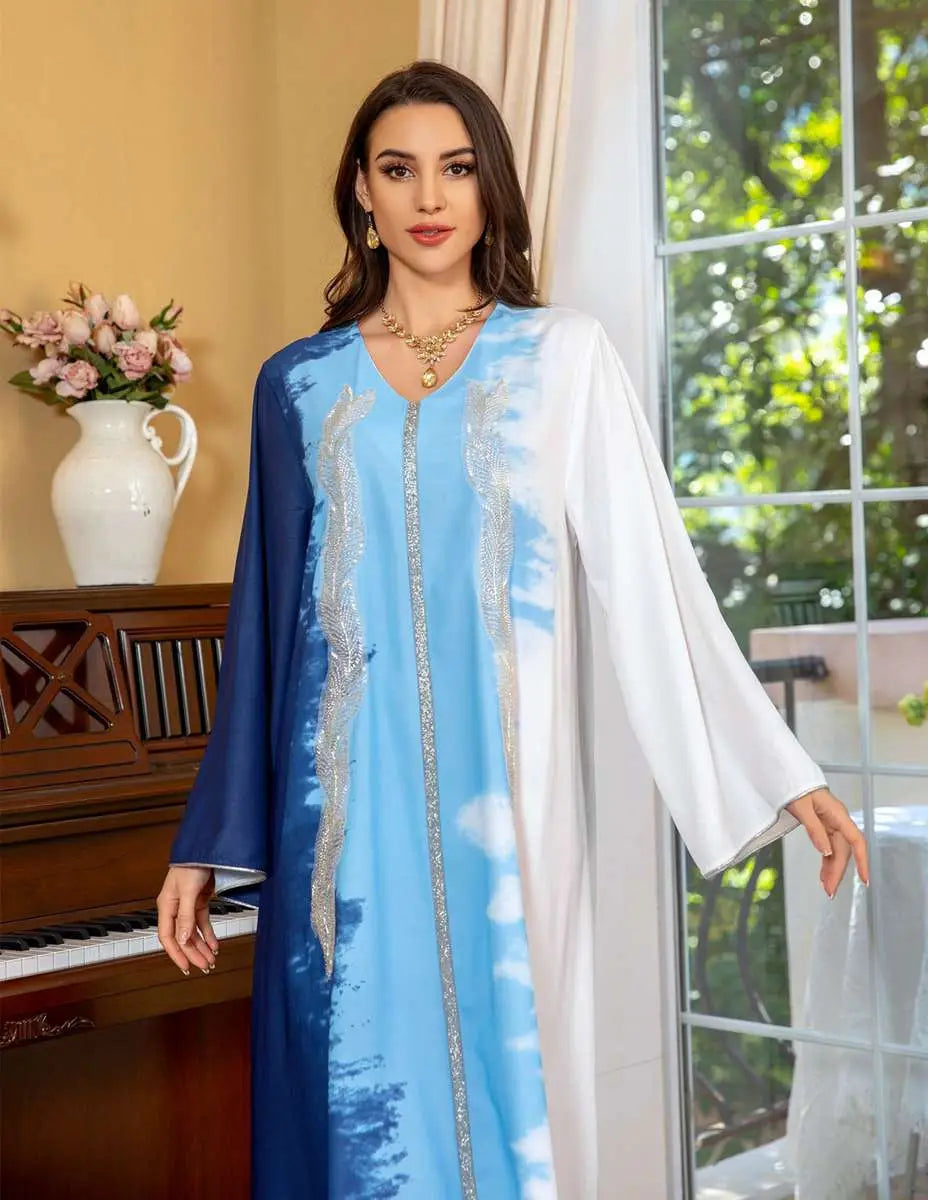 Tie-dye Embroidery Hotfix Rhinestone Kaftan Caftan Dress For Women Eid Dress And Celebration
