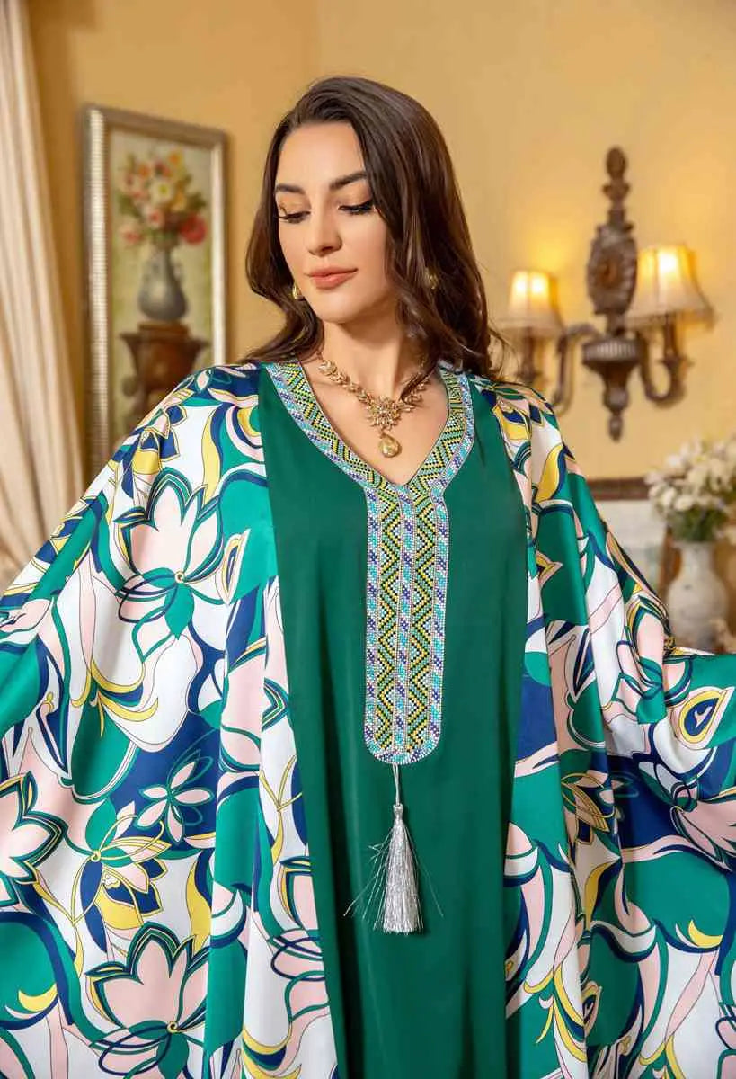 Eid Dress Batwing Sleeve Hotfix Rhinestone Farasha Caftan Kaftan Dress Jalabiya