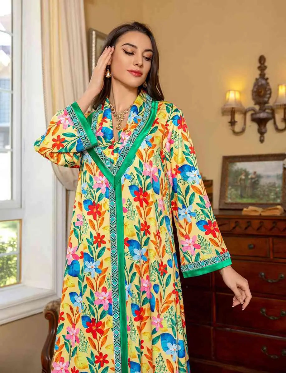 Eid Dress Hotfix Rhinestone Flower Printed Kaftan Kaftan Dress Jalabiya