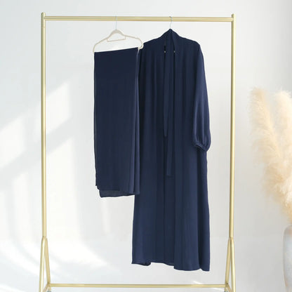 2 Pieces Set Wrinkle Fabric Cardigan Open Abaya Dress