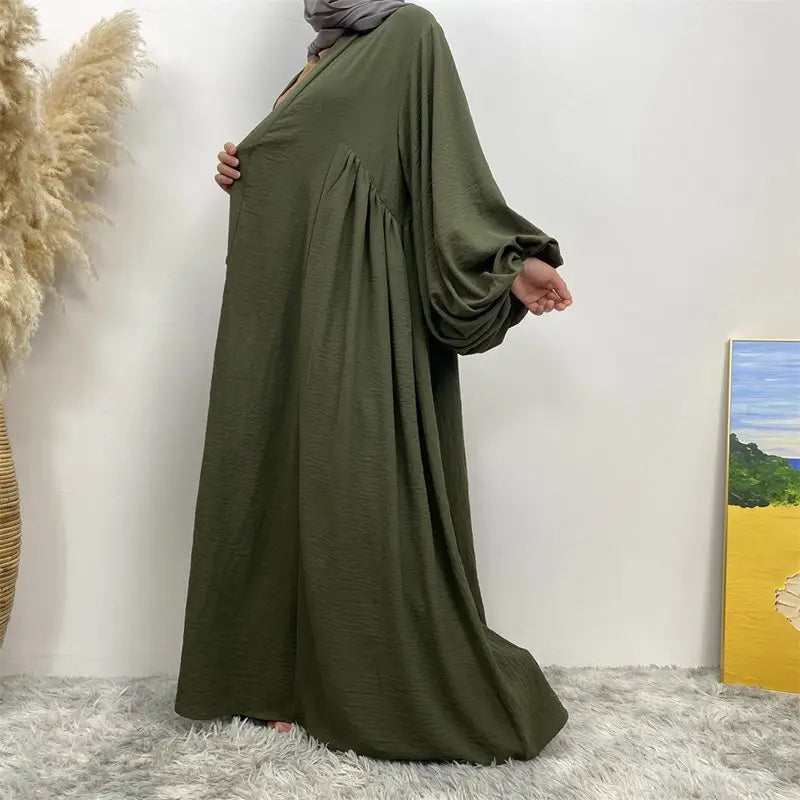 Elastic Puff Sleeve Muslim Women Cardigan Open Abaya Dress