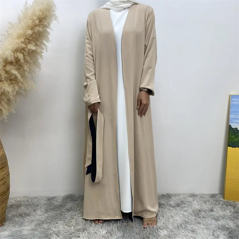Reversible Solid Color Muslim Women Open Abaya Dress With Pocket