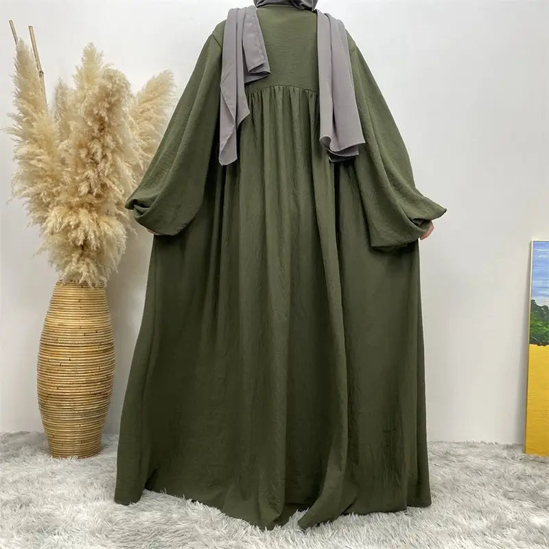 Elastic Puff Sleeve Muslim Women Cardigan Open Abaya Dress