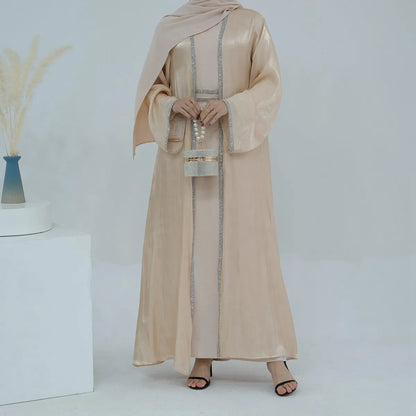 2 Pieces Hotfix Rhinestone Bright Open Abaya Dress Set With Inner Dress