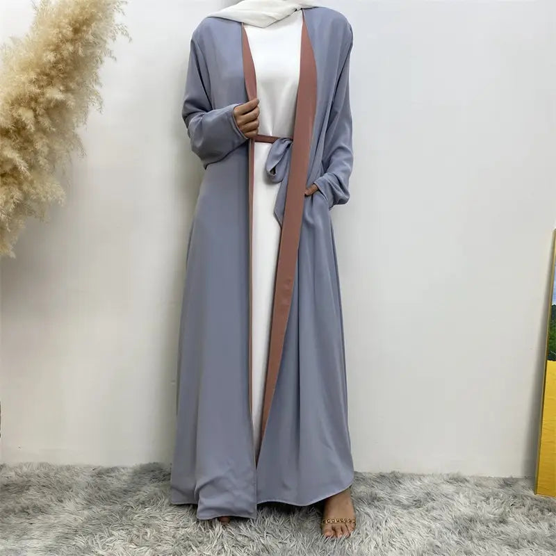 Reversible Solid Color Muslim Women Open Abaya Dress With Pocket