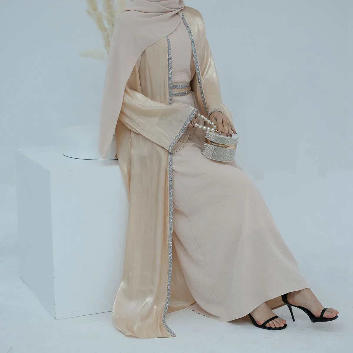 2 Pieces Hotfix Rhinestone Bright Open Abaya Dress Set With Inner Dress