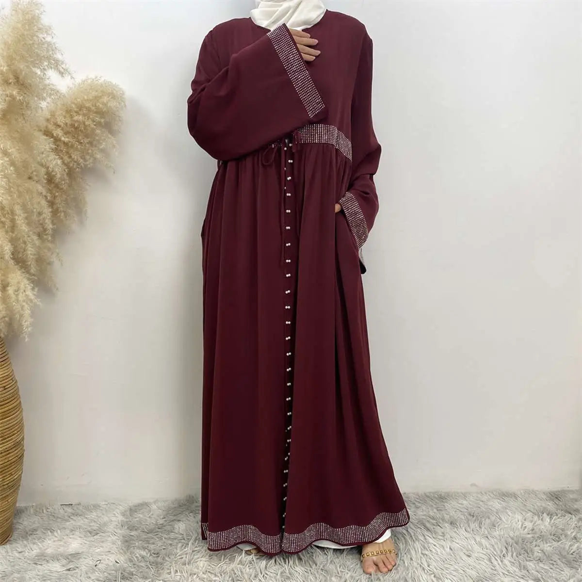 Hotfix Rhinestone Beads Muslim Women Cardigan Open Abaya Dress
