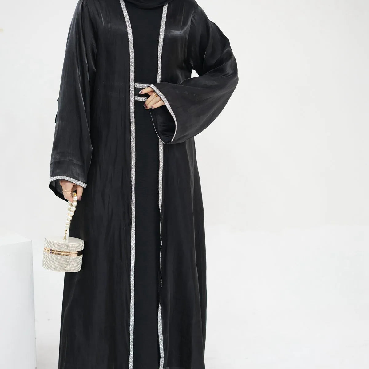 2 Pieces Hotfix Rhinestone Bright Open Abaya Dress Set With Inner Dress