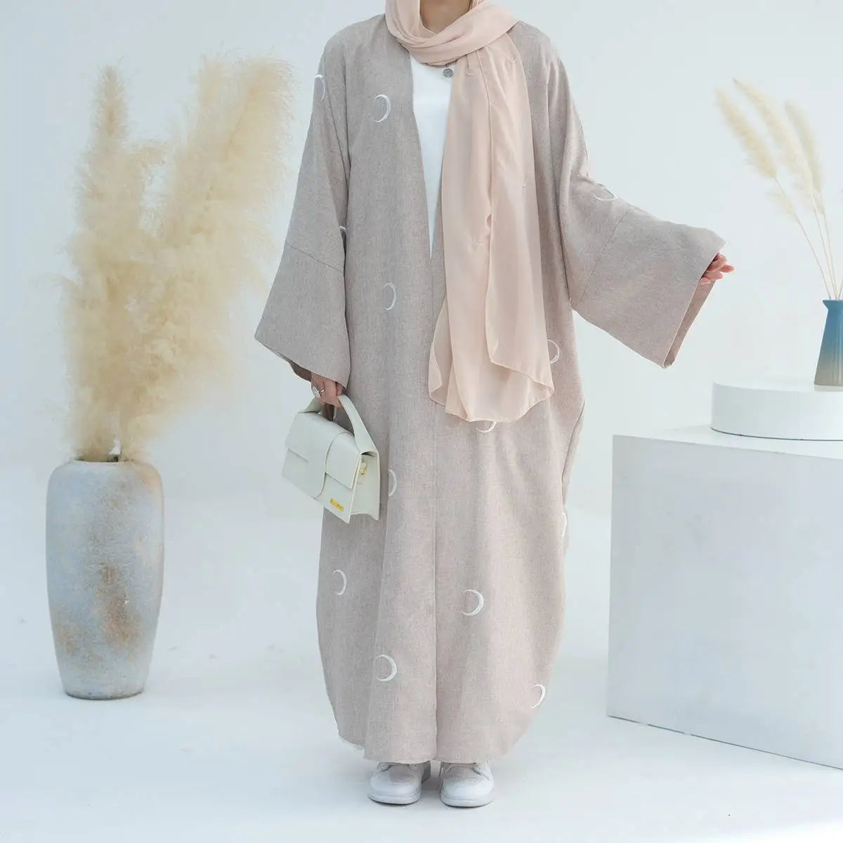 Moon Embroidery Cotton Blended Cardigan Open Abaya Dress