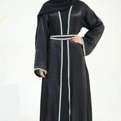 2 Pieces Hotfix Rhinestone Bright Open Abaya Dress Set With Inner Dress