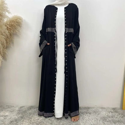 Hotfix Rhinestone Beads Muslim Women Cardigan Open Abaya Dress