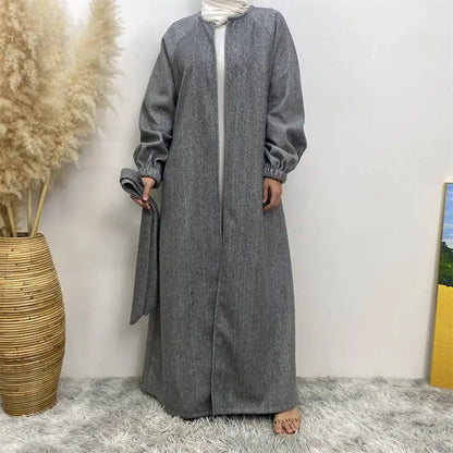Muslim Women Winter Fall Cotton-Blend Classic Open Abaya Dress
