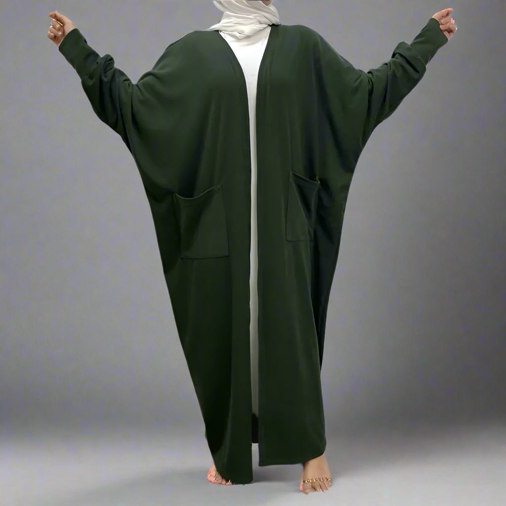 Muslim Women Cotton Cardigan Open Abaya Dress With Pocket Urgarment