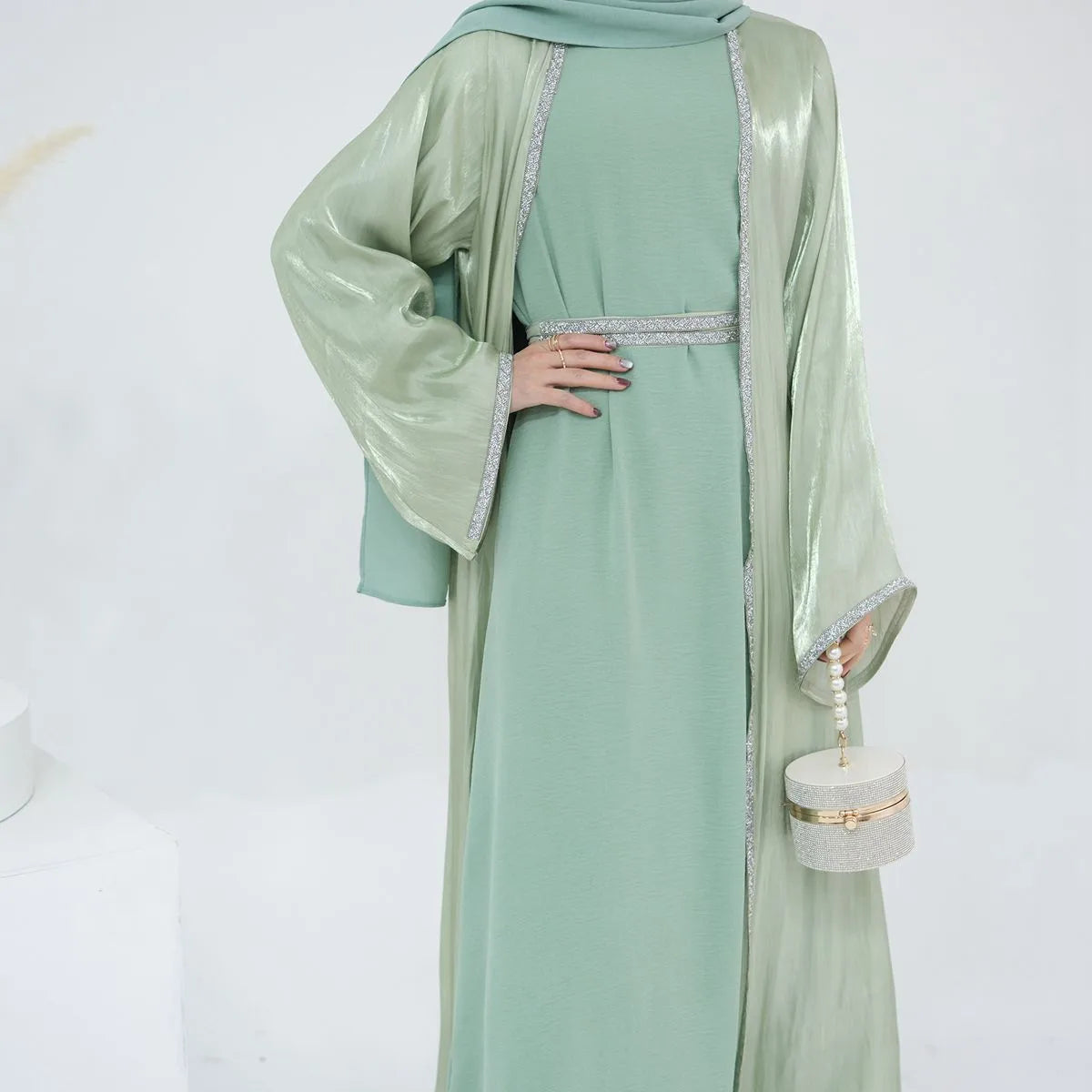 2 Pieces Hotfix Rhinestone Bright Open Abaya Dress Set With Inner Dress