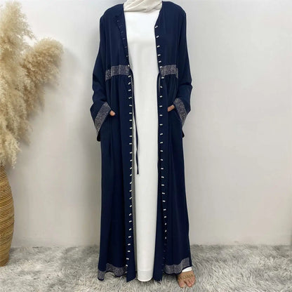 Hotfix Rhinestone Beads Muslim Women Cardigan Open Abaya Dress