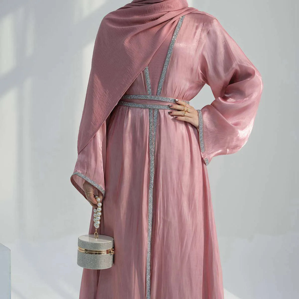 2 Pieces Hotfix Rhinestones Bright Open Abaya Dress Set With Inner Dress