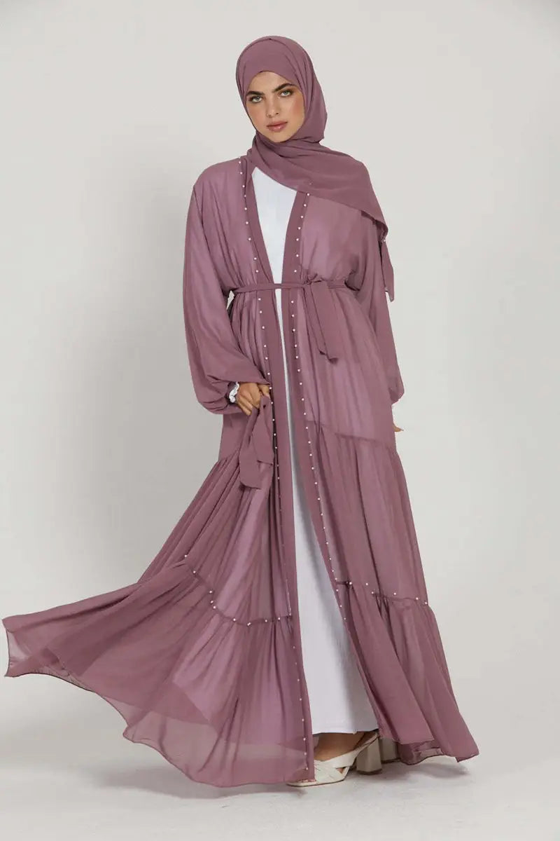 Muslim Women Chiffon Beads Open Abaya Dress