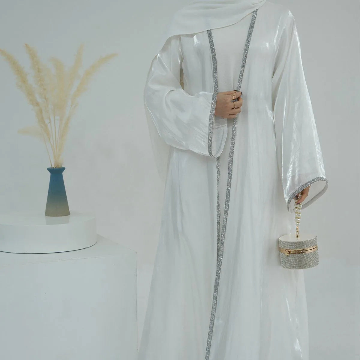 2 Pieces Hotfix Rhinestones Bright Open Abaya Dress Set With Inner Dress