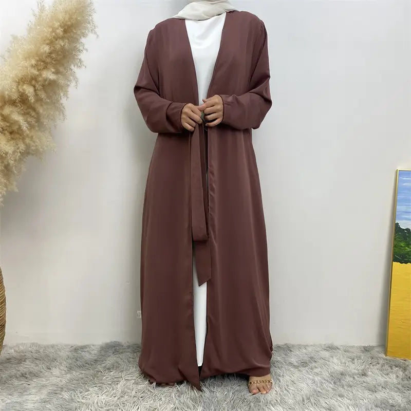 Reversible Solid Color Muslim Women Open Abaya Dress With Pocket