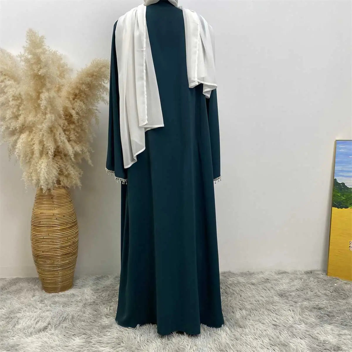 2 Pieces Set Rhinestone Open Abaya Dress With Inner Sleeveless Dress And Belt