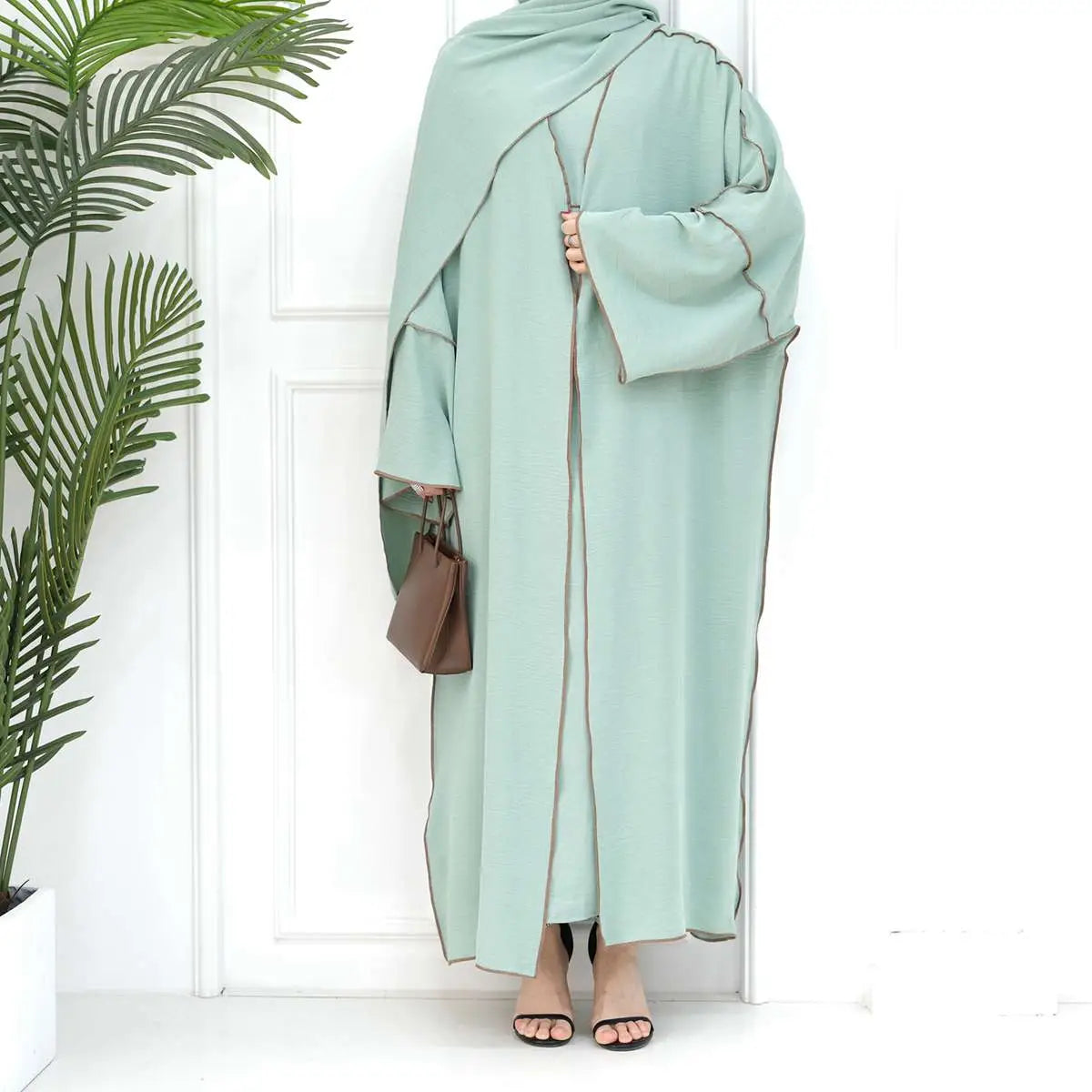 2 Pieces Heavy Wrinkle Fabric Open Abaya Dress Set