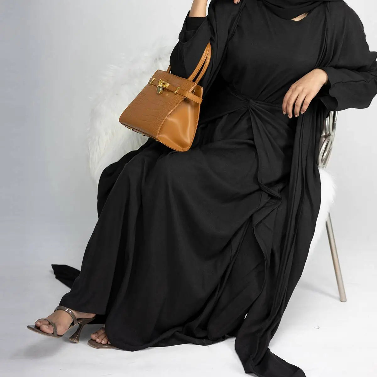 4 Pieces Set Muslim Open Abaya Dress, With Scarf, Out Abaya, Mid Wrap And Inner Dress