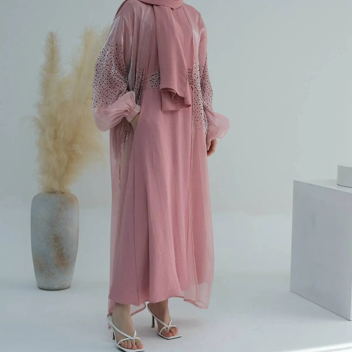 2 Pieces Set Bright Wrinkle Puff Sleeve Open Abaya Dress