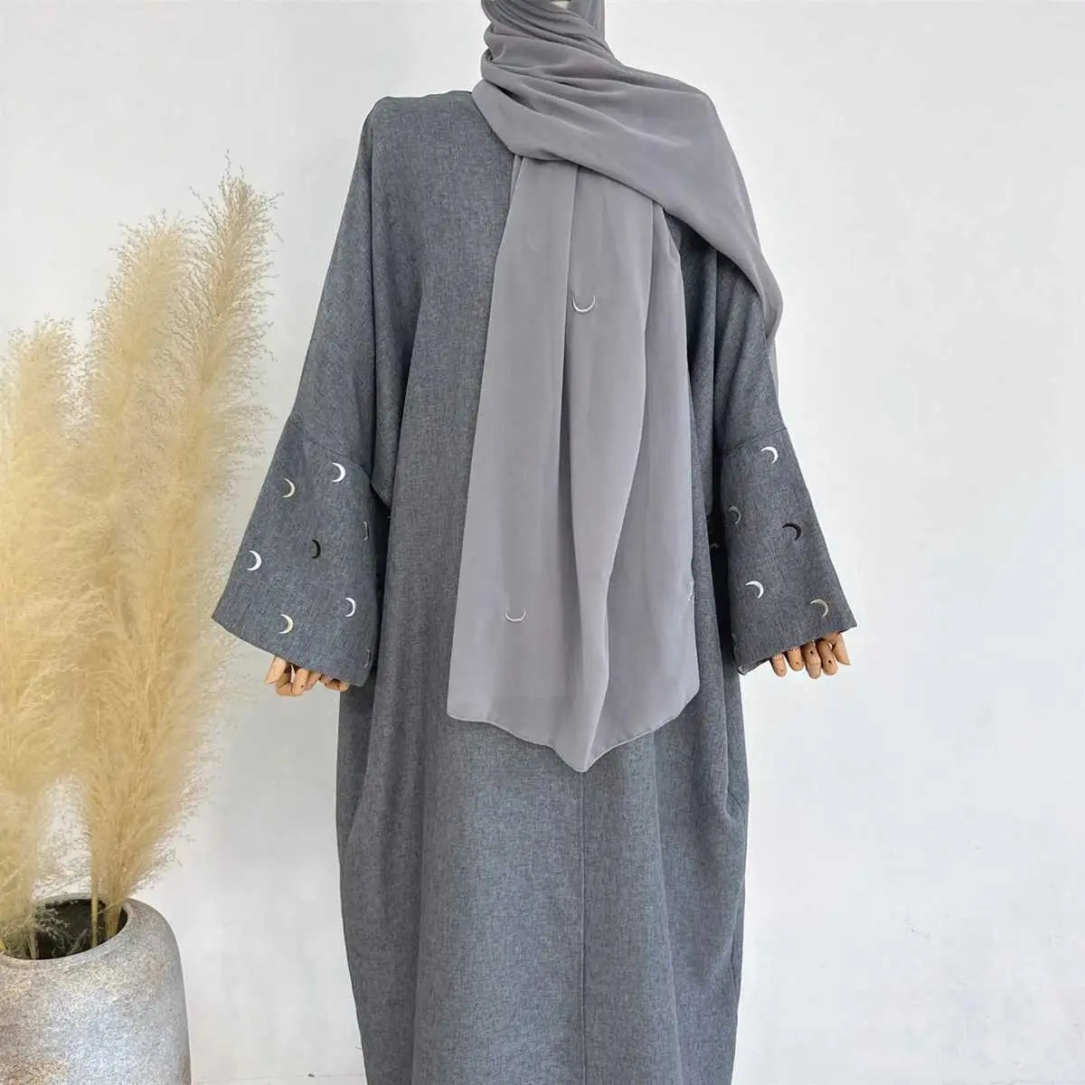 Moon Embroidery Cotton Blend Cardigan Open Abaya Dress