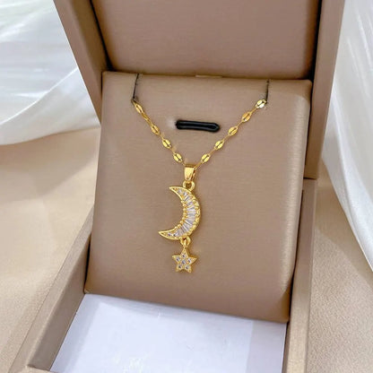 Moon And Star Necklace Titanium Steel With Box #UNG126