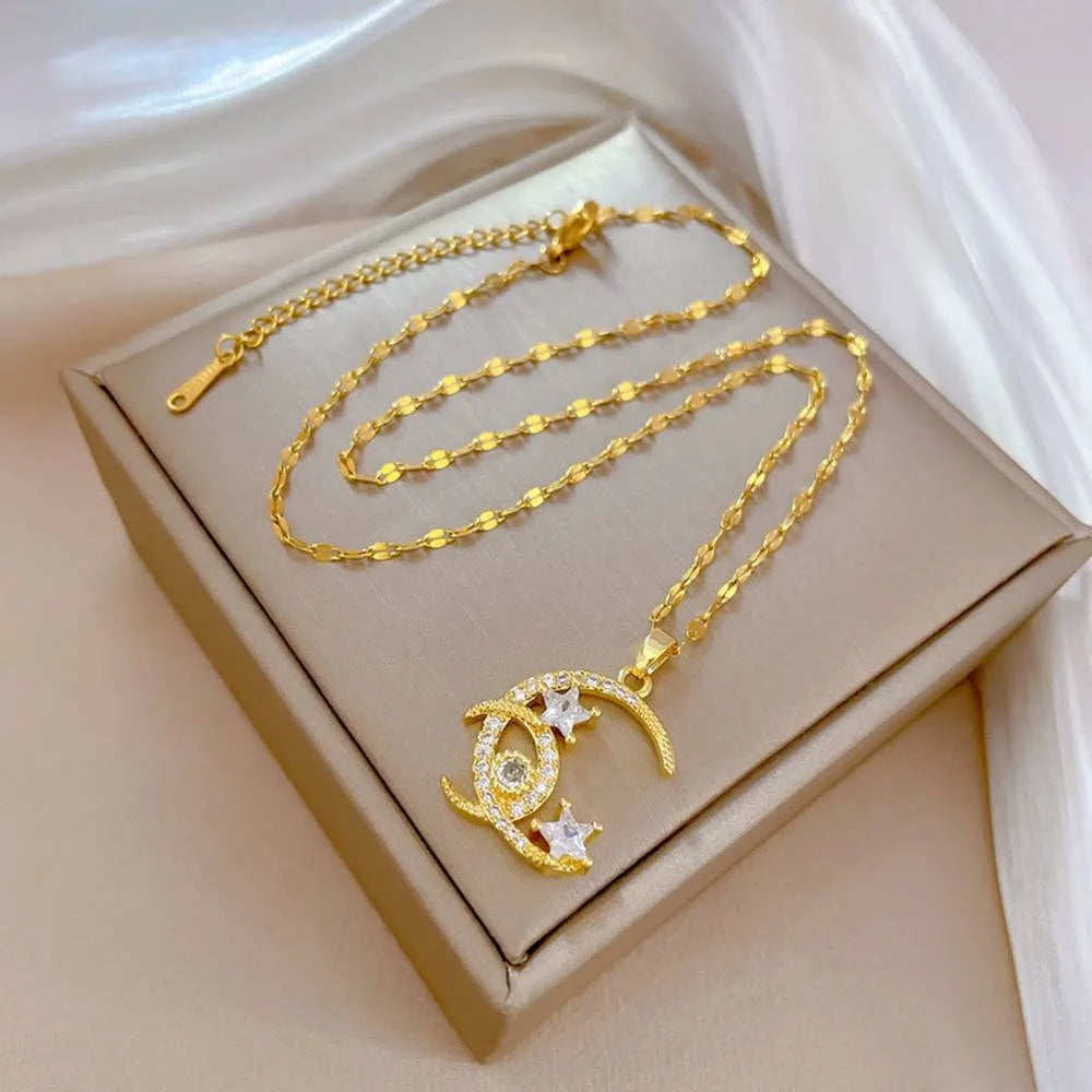 Moon And Star Necklace Titanium Steel With Box #UNF430