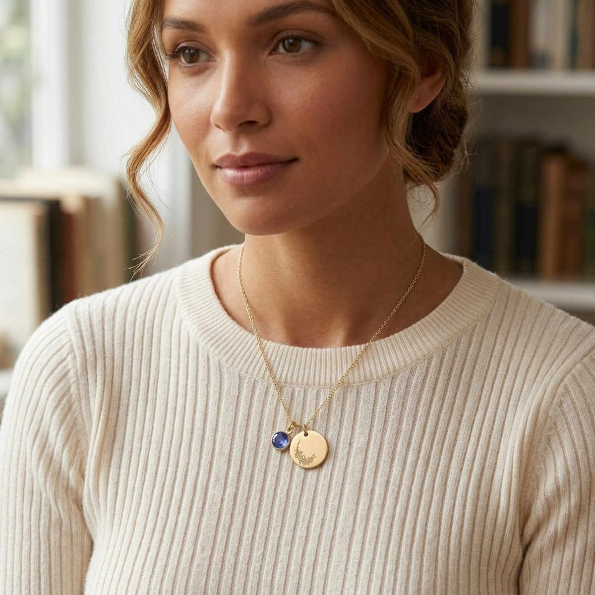 Birthstone Necklace With Birth Flower For Mom, Grandma #15
