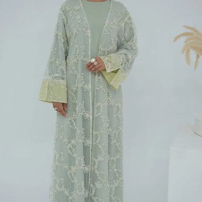 3 Pieces Set Lace Textured Floral Open Abaya Dress With Nida Abaya Dress And Matching Hijab #251074